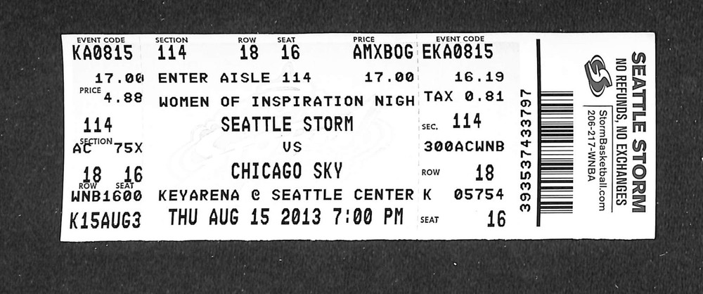 AUGUST 15, 2013 CHICAGO SKY @ SEATTLE STORM FULL TICKET