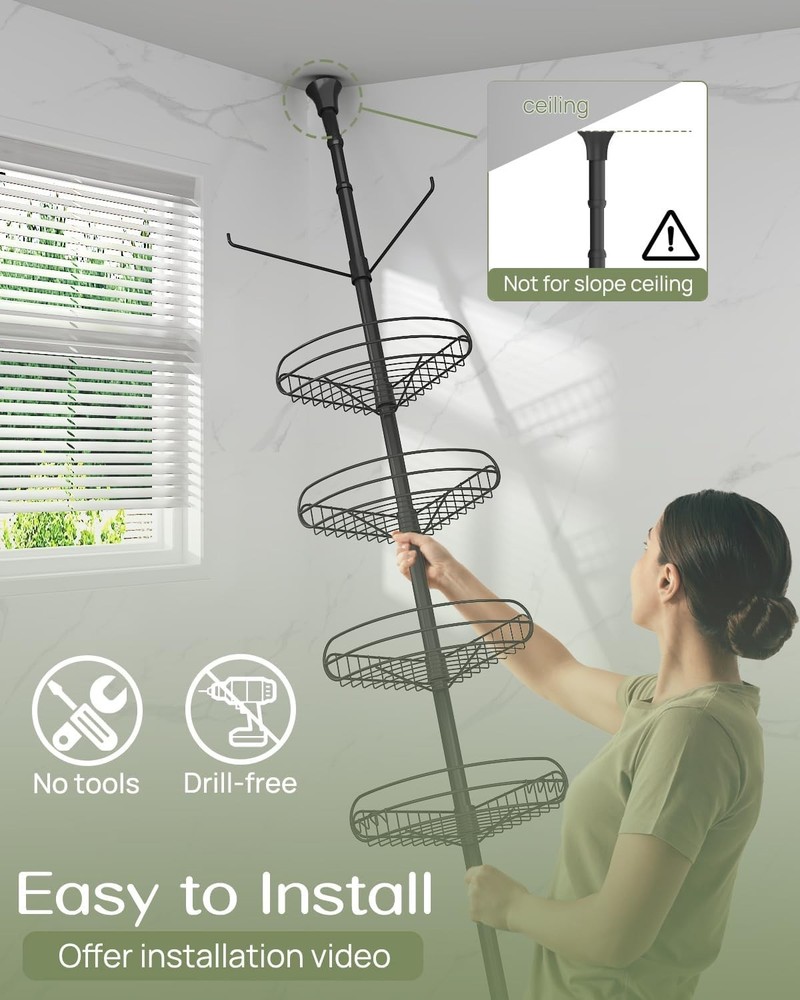 Space-Saving 4-Tier Triangular Shower Organizer, Tension Mounted & Rustproof