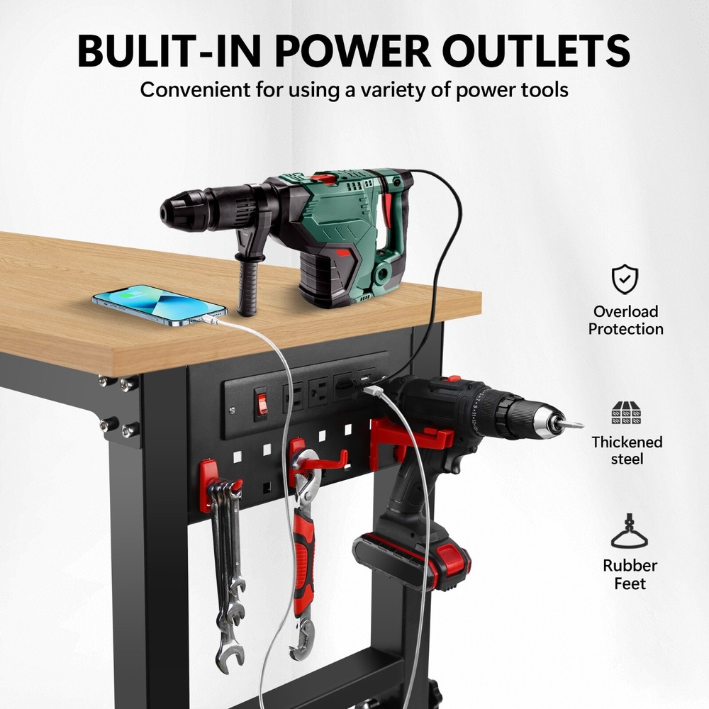 48"Rolling Adjustable Heavy Duty Workbench with Rubber Wood Top Working