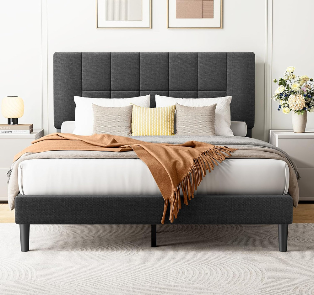 Amada Queen Bed Frame with 12 Thickened Legs & Adjustable Fabric Upholstered Hea