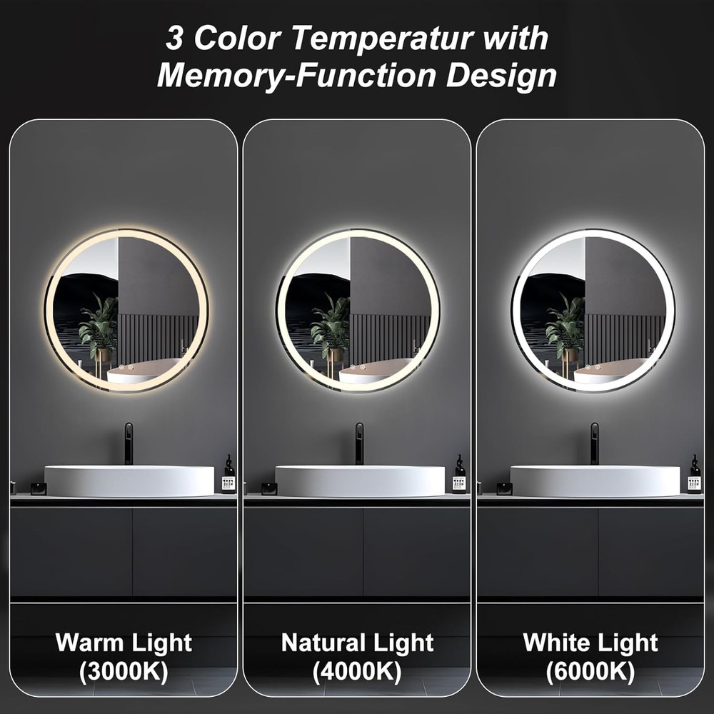Round LED Bathroom Vanity Mirror,Anti-Fog,Dimmable,3-Color Light,Memory Function