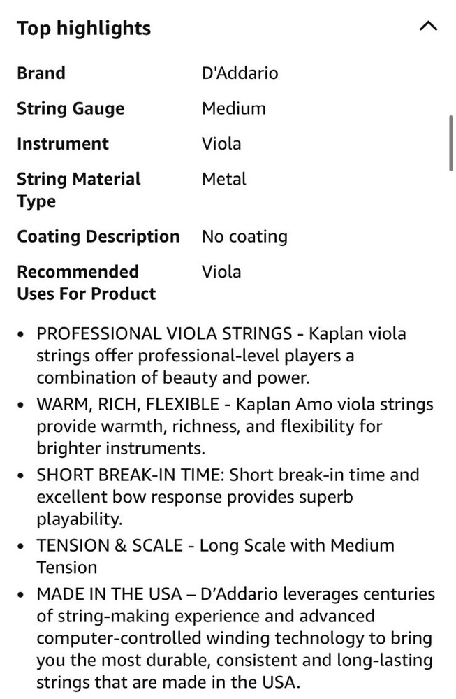 D'Addario Kaplan Amo Viola String Set Long Scale Medium Tension KA410LM New ✅