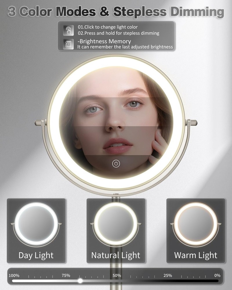 VFD 30X/1X Makeup Mirror with Lights, Height Adjustable Lighted Magnifying Va...