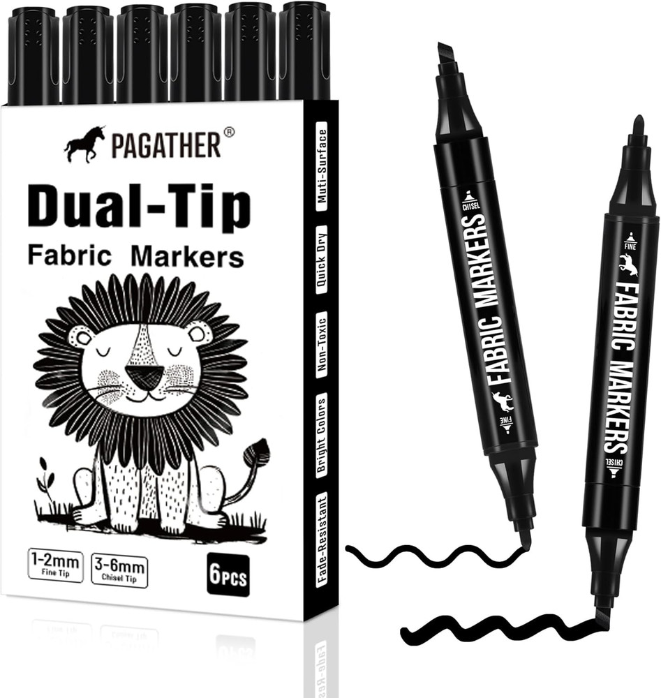 Fabric Markers Permanent for Clothes, 6 Pack Black Dual Tip with Fine and Chisel