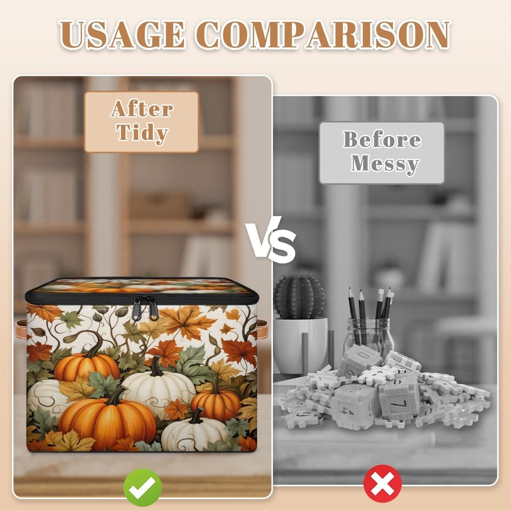 Fall Pumpkin Storage Bins with Lids, Maple Leaf Fabric Storage Boxes with Zip...