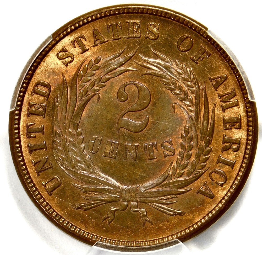 💥❤️🤎🧡❤️‍🔥😍PCGS MS64 RB 1871 2 CENT PIECE