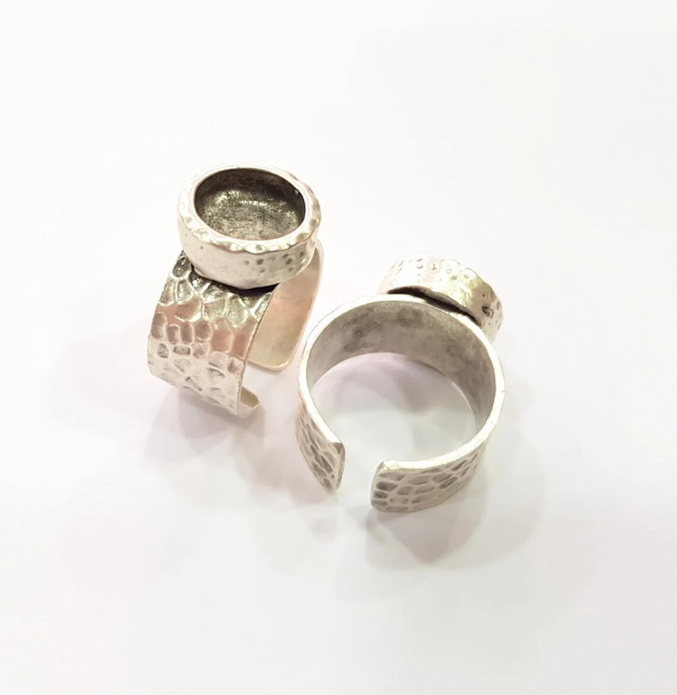 Hammered Ring Blank Setting Base Bezel inlay Backs Cabochon Antique Silver