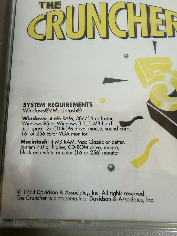 Vintage "Davidson The Cruncher" CD-Rom Windows/Mac 1994 (Sealed)