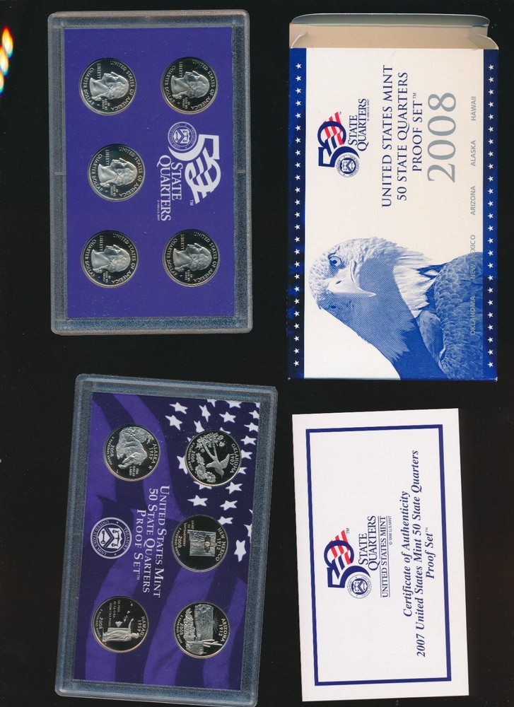 2008 & 2007 U.S. PROOF QUARTERS CASED SETS - WITH COA