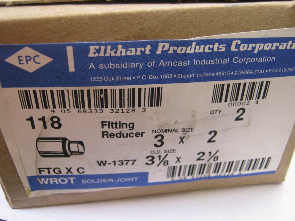 ELKHART FITTING REDUCER W-1377 3 X 2 NOMINAL SIZE BOX OF 2