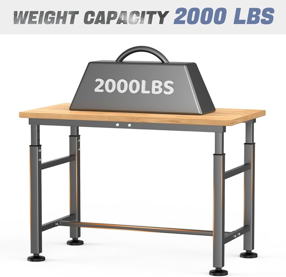 2000 lbs Capacity Rubber Wood Worktable, Adjustable Height for Versatile Use