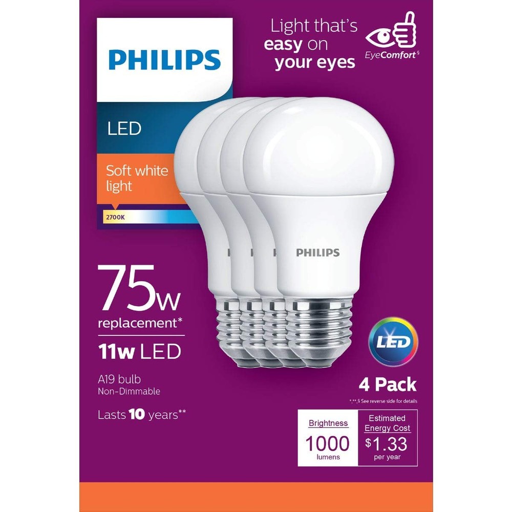 Philips A19 E26 Soft White Led Bulbs 75 Watt Equivalent 4 Pack Energy Efficient