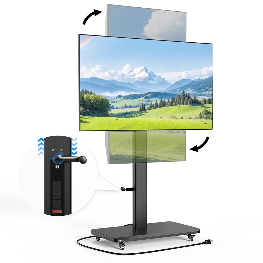 Mobile TV Stand with Power Outlet, Height Adjustable with Handle Stepless Lif...