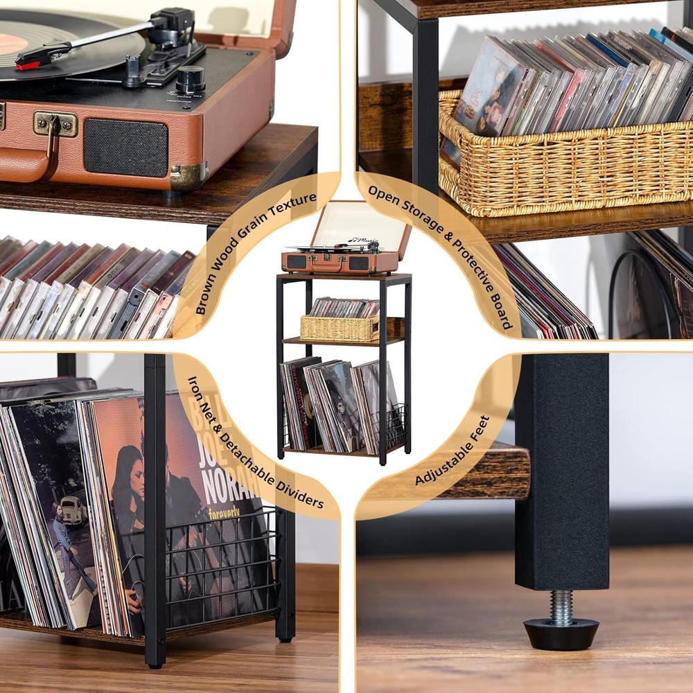 Versatile Brown End Table & Record Player Stand – Storage for 100 Albums