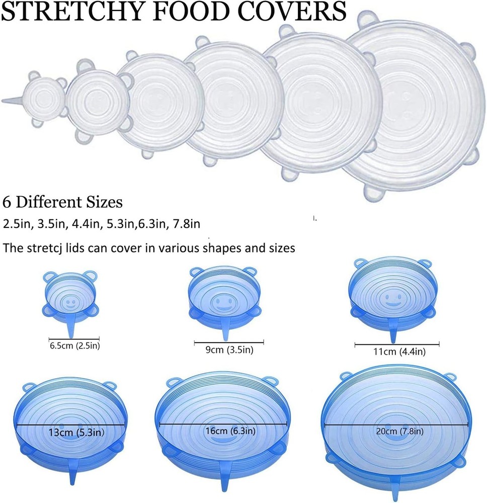 6 Pack Silicone Stretch Lids - Adjustable Sizes, Keeps Food Fresh & Spill-Proof