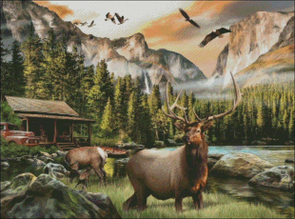 Elk Country - DIY Chart Counted Cross Stitch Patterns Needlework DMC Color