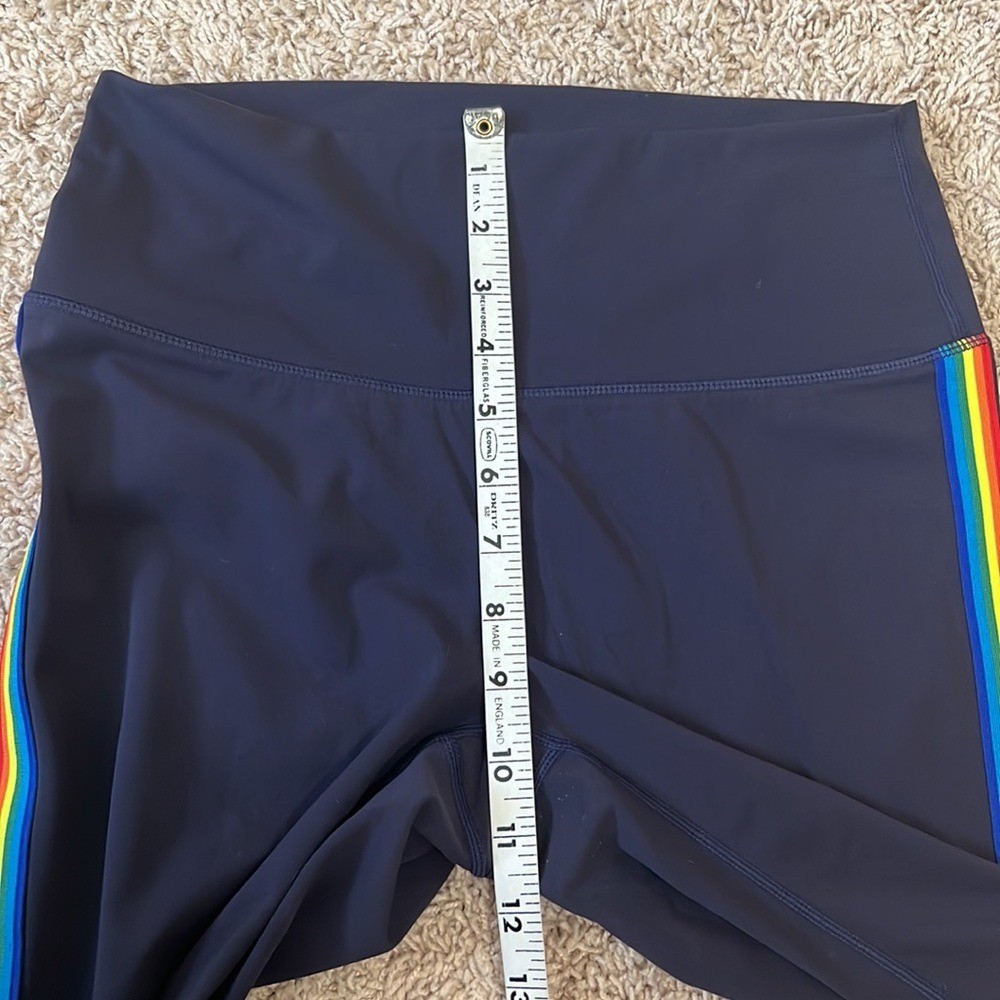 Zyia Medium Rainbow Stripe Multicolor Crop Leggings Navy Blue