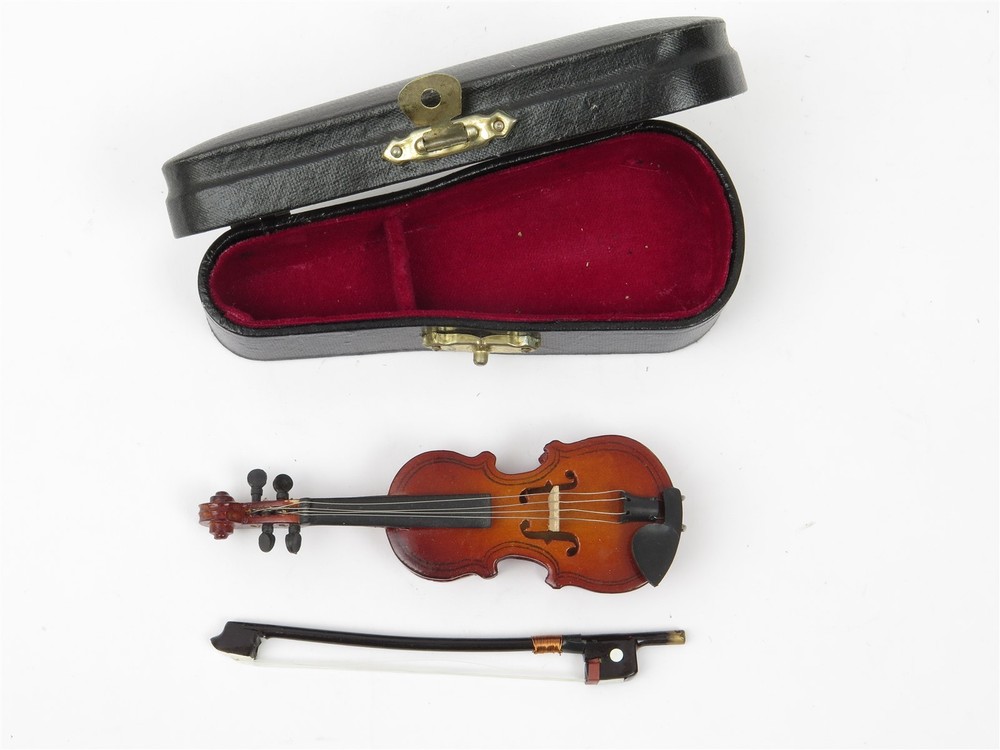 Miniature Carved Wood w/ String Violin & Bow String Instrument in Case 4.5"