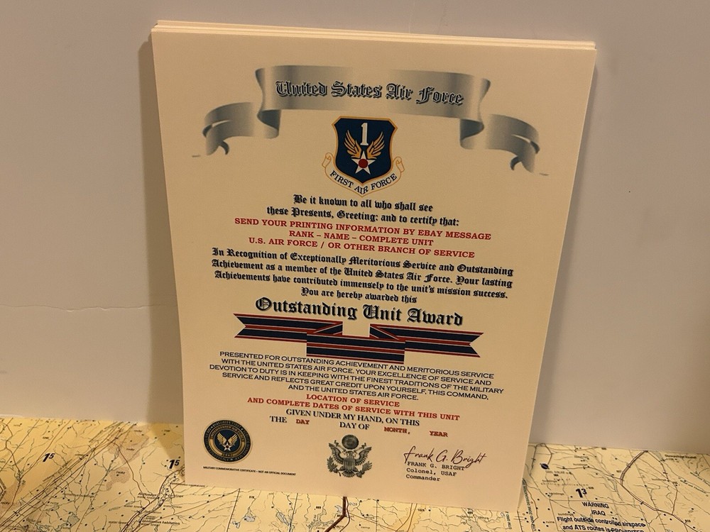U.S. AIR FORCE / FIRST AIR FORCE - OUTSTANDING UNIT AWARD CERTIFICATE