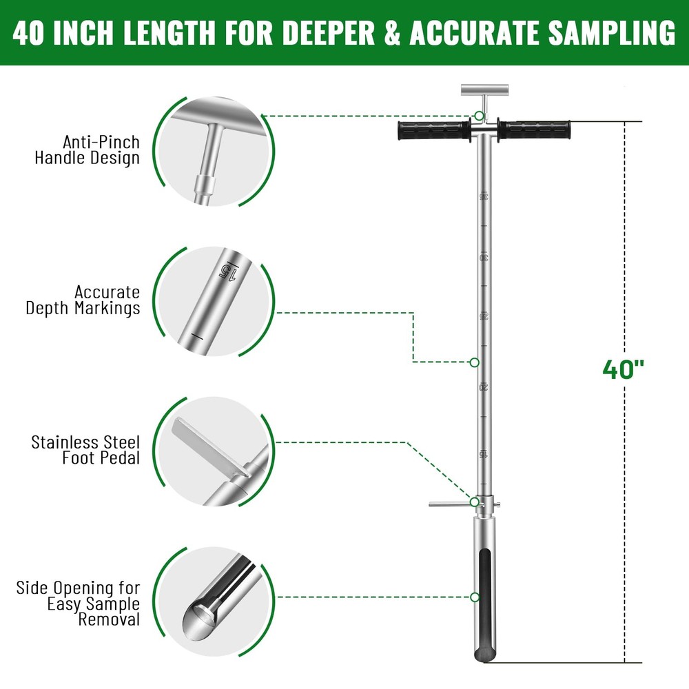 40 Inch Soil Sampler Probe, Stainless Steel Soil Core Sampling Tool with T-Ha...