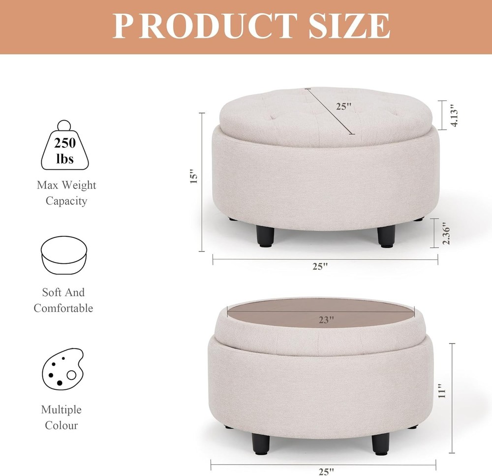 Fabric Round Storage Ottoman W/ Reversible Tray Lid – Multi-Functional Footrest