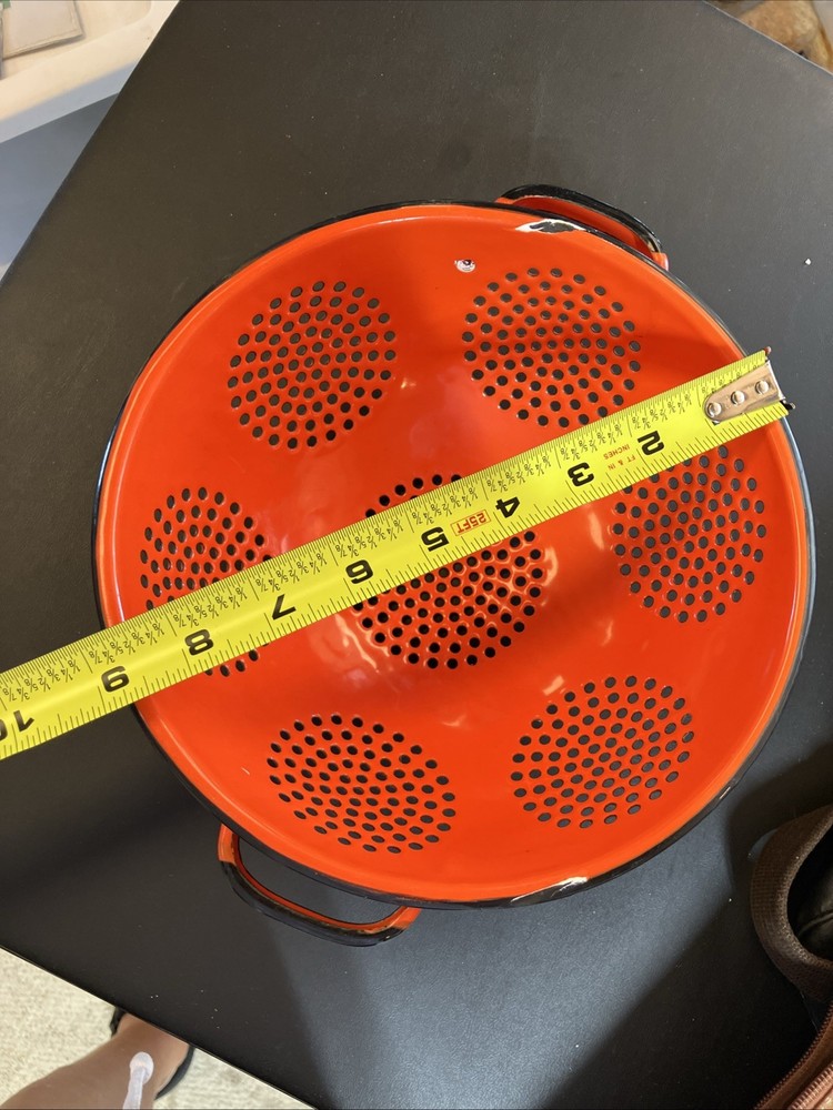 EUC-Vintage 9” Kitchen Orange Enamelware Strainer MCM Decor