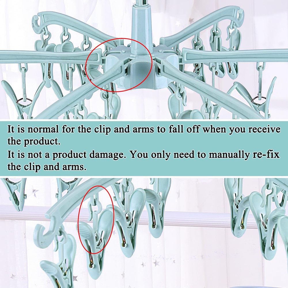 Rotating Clothes Drying Rack with 24 Clips Foldable Sock Hanger for Laundry