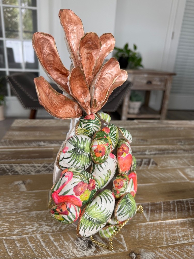 Decoupaged handcrafted pineapple shell decor. Pink and green. 7x12