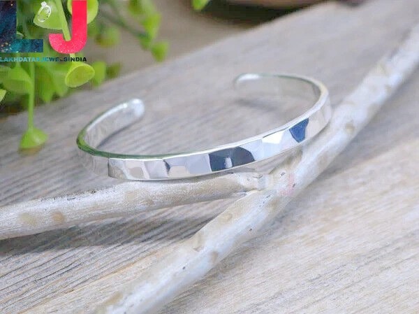 925 Sterling Silver Solid 4MM WideCuff Flat Hammered Bangle Bracelet Mens Bangle