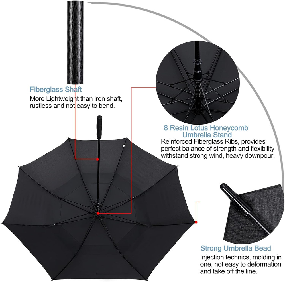 72" Oversized Golf Umbrella - Automatic Open, Windproof, Heavy Duty, Black