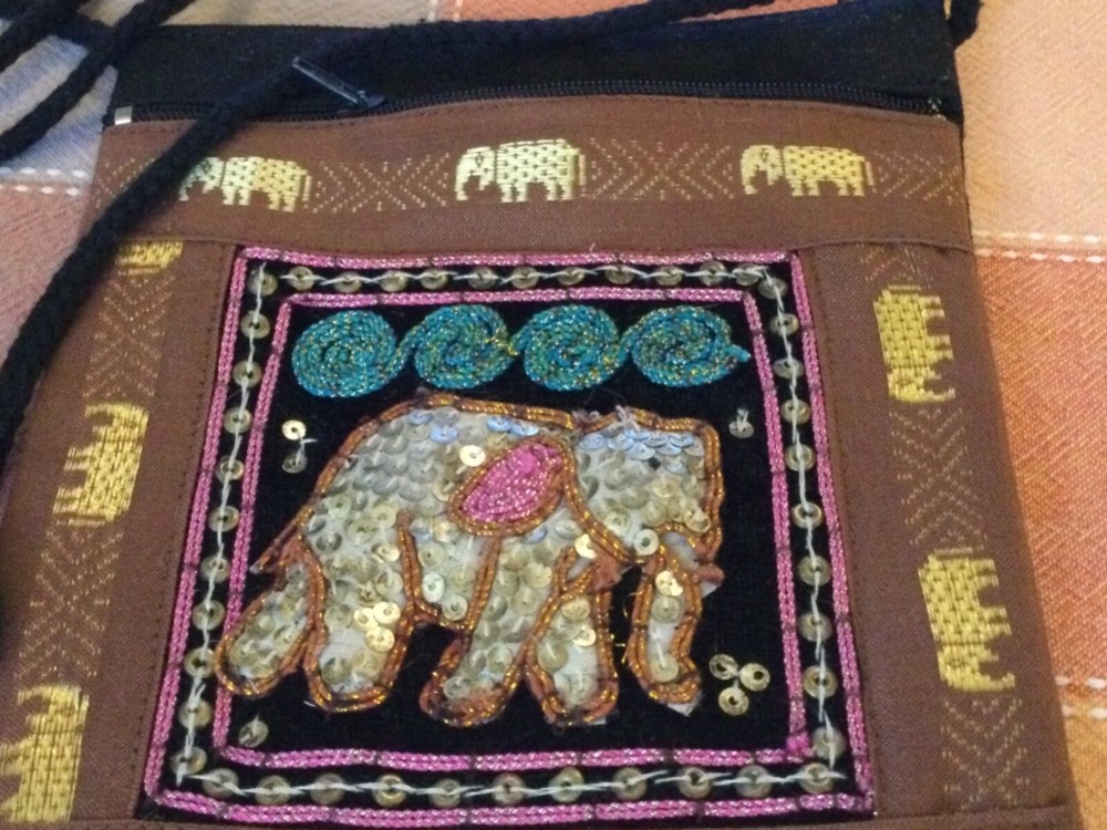 Square Boho Pouch Puffy Elephant w/Sequins Black Cord Strap
