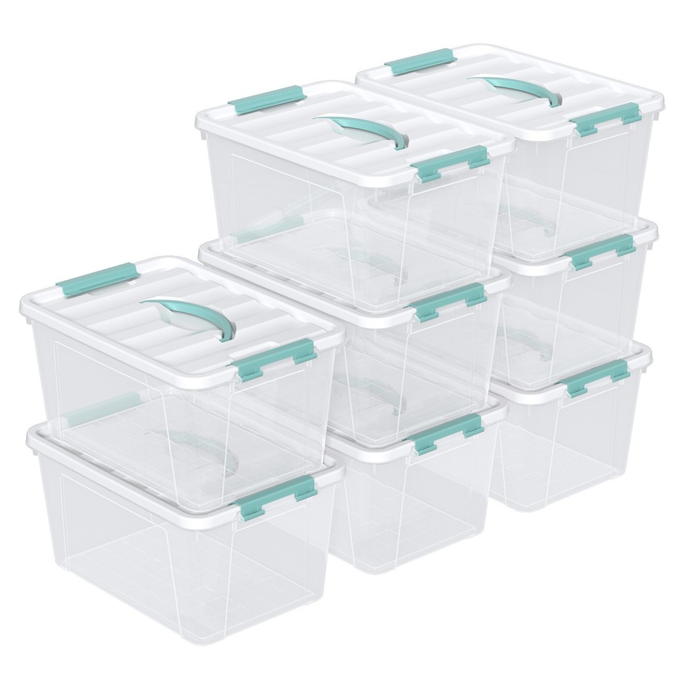 14 Qt Stackable Plastic Storage Bins with White Lids, 8 Packs, Clear