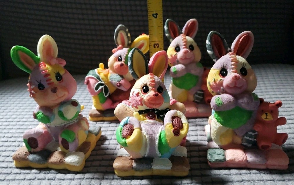 Easter Decorative Patchwork Bunnies Set Of 5 EUC.. 3.5inx2in *ships ASAP *EASTER