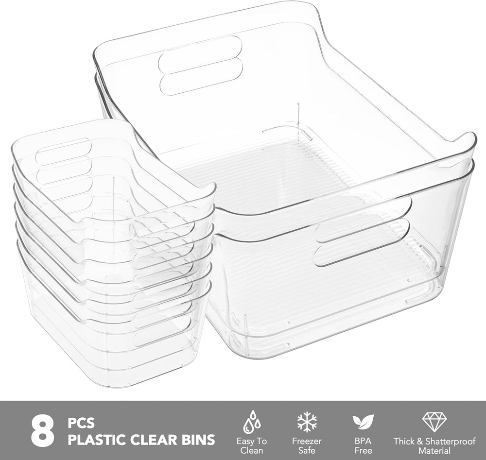 Set 8 Clear Plastic Storage Bins, 2 Extra Large and 6 Small Storage Containers