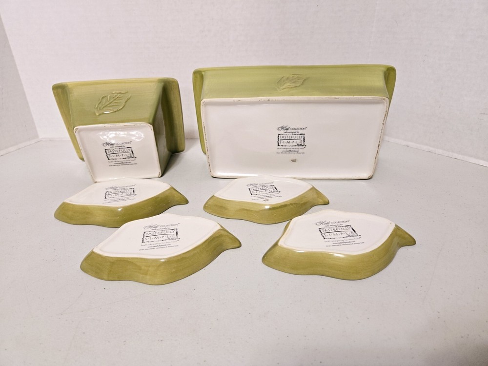 Tastefully Simple Green Leaf Pattern, Square/Oblong Baking Dishes, 4 Dip Trays