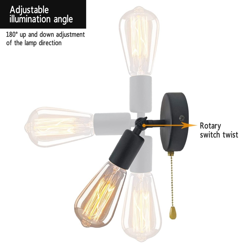 Adjustable Retro Wall Sconce Light with Pull Chain Switch Vintage Black Wall ...
