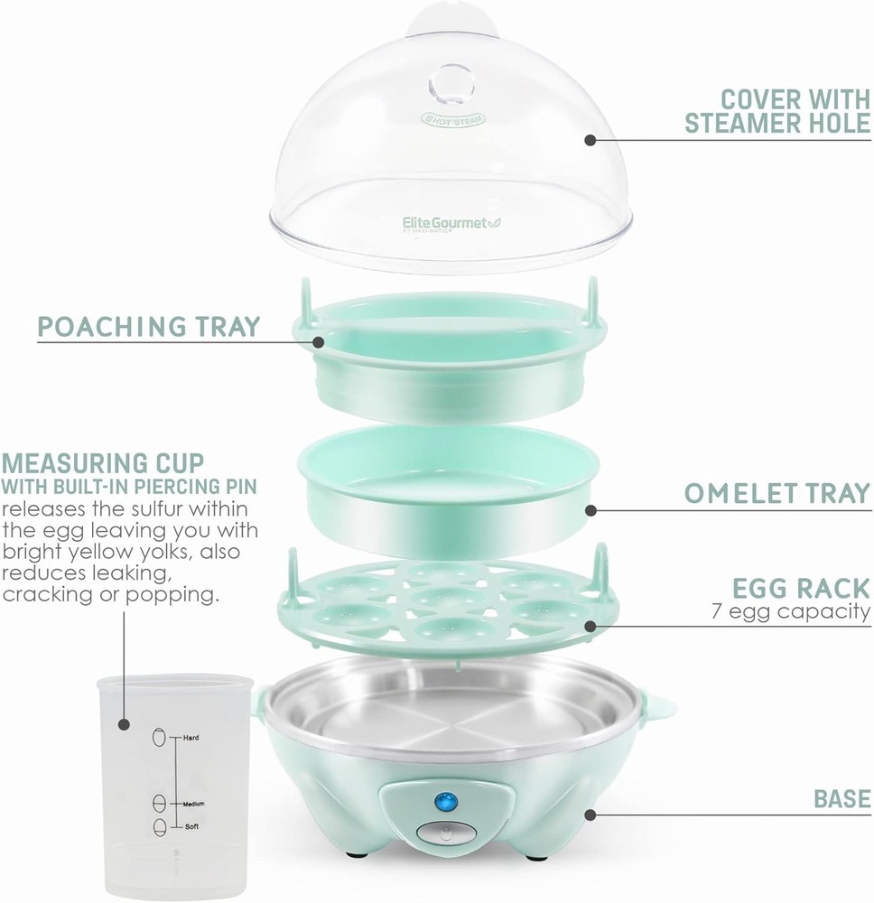 Elite Gourmet Easy Electric 7 Egg Capacity Soft, Medium, Hard-Boiled Mint