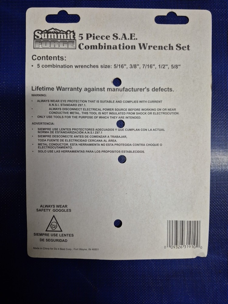 Summit Forge 5 Piece Sae Combination Wrench Set N.o.s.