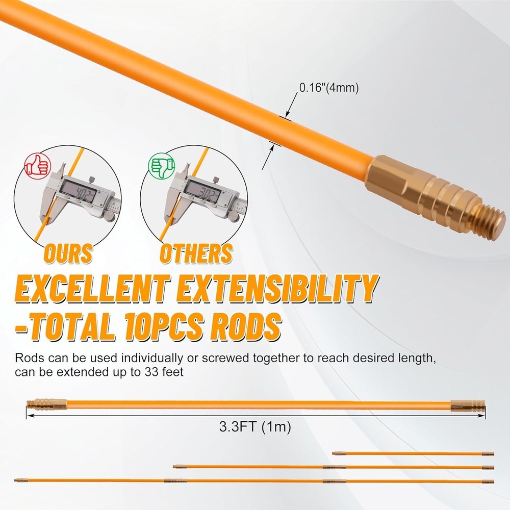 33FT Wire Puller Rods with Durable Fiberglass Material and Multiple Attachments