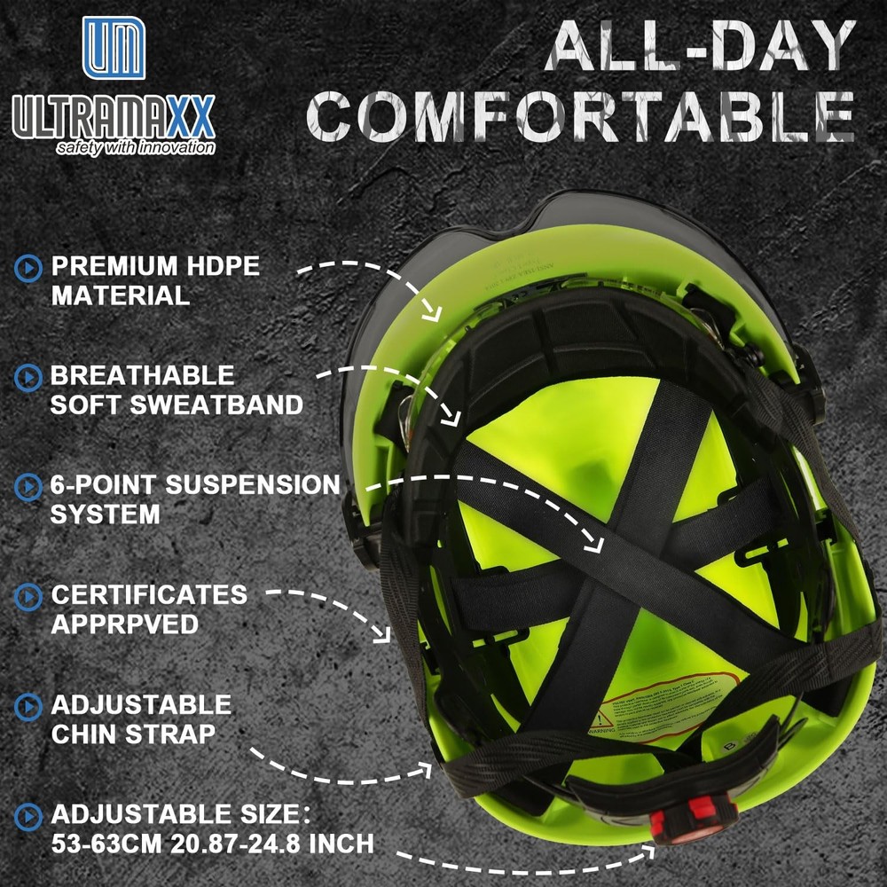 Safety Helmet Hard Hat with Rechargeable Headlamp Light and Visor Constructio...