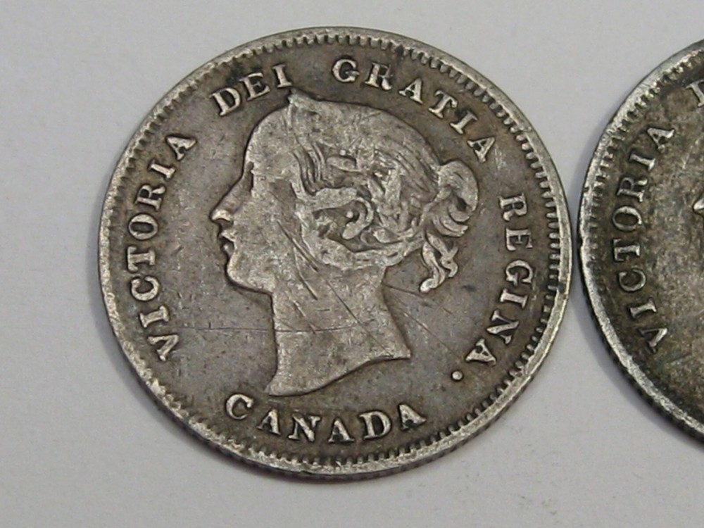 2 Victoria Silver 5¢ Cent CANADA: 1899 & 1888 Both w/ Problems - Bent/Scratched.
