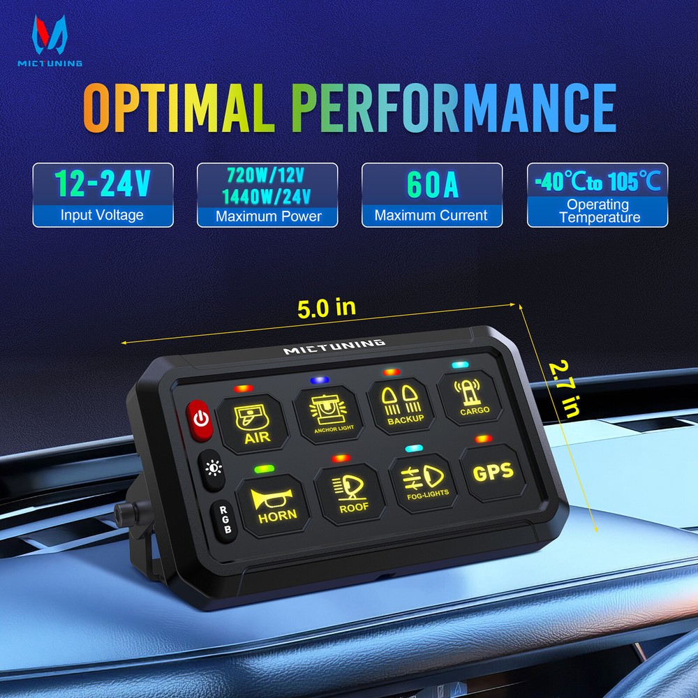MICTUNING 8 Gang RGB LED Switch Panel Multifunction Circuit Control Relay System