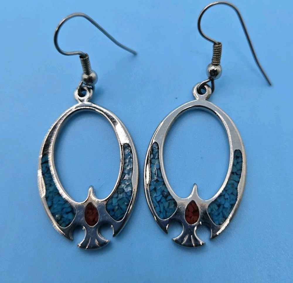 825 Silver Native Style Earrings Turquoise Coral