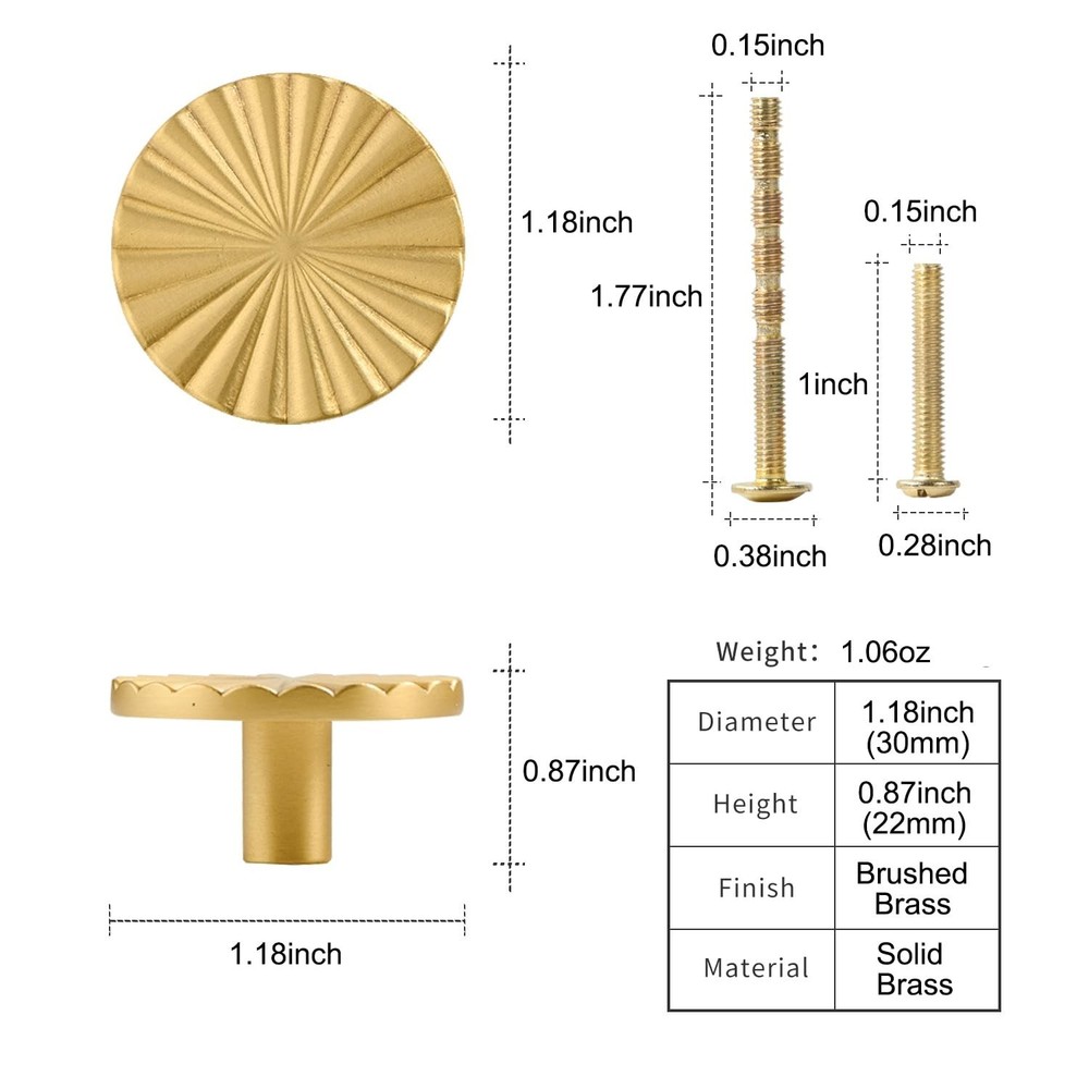 Solid Brass Cabinet Knobs 5 Pack – Brushed Gold Drawer Pulls for Kitchen,