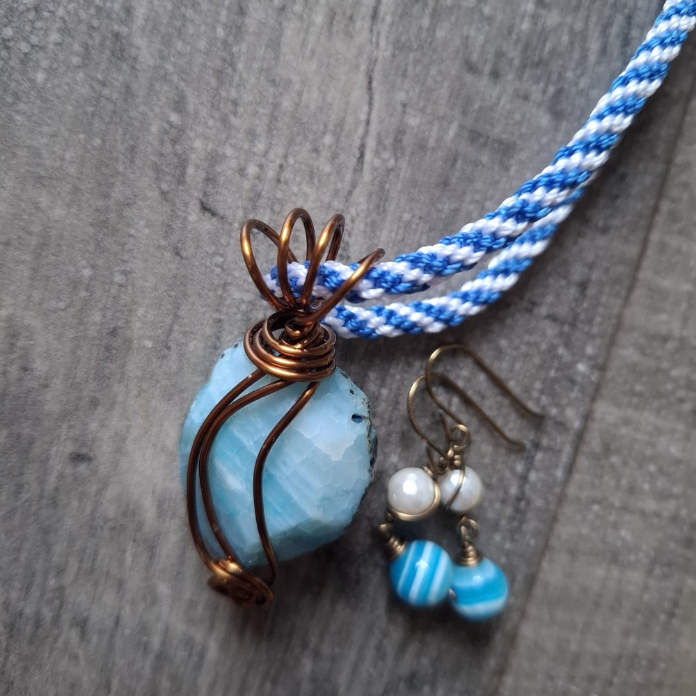 Statement Wire Wrapped Boho Blue Stone Style Necklace And Earrings Set Boho