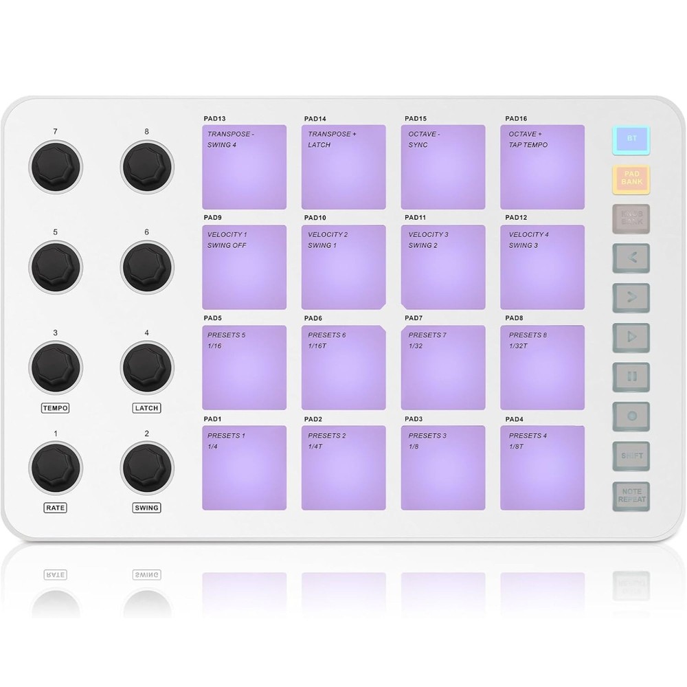 M-WAVE Midi Controller - Bluetooth USB Pad - 16 Drum Pads, 8 Knobs, Rechargeable