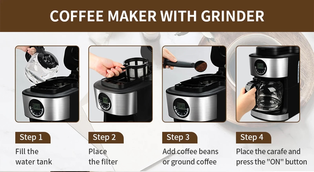 TEGLU Coffee Maker with Grinder 12 Cups,Programmable Grind & Brew Coffee Machine