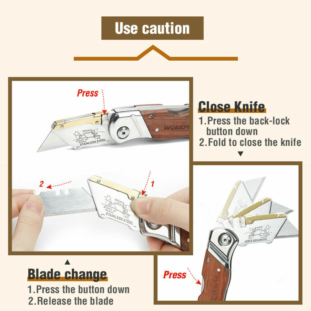 WORKPRO Folding Utility Knife Belt Clip&10Blades Wood Handle &Back Lock Plastic