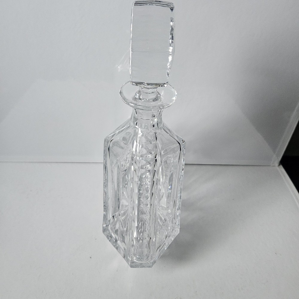 Vintage Block Cut Crystal Triangular Decanter & Stopper Olympic Pattern Heavy