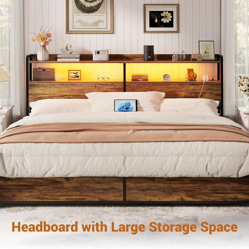 Rustic King Size Headboard with USB Ports, LED Light & Storage, Adjustable